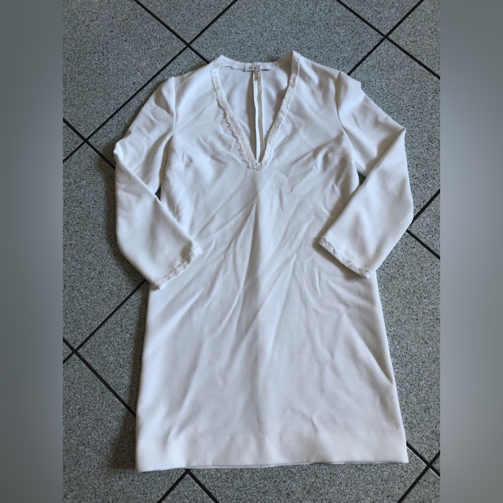 Maje V Neck Sheath Dress in White/Cream Size 1 Small Fuzzy Trim